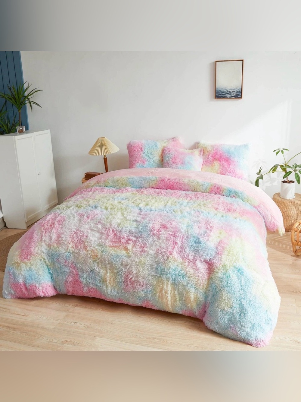 MEGO Rainbow Fluffy Plush Duvet Cover Set, Tie Dye Print Faux Fur  - NWT